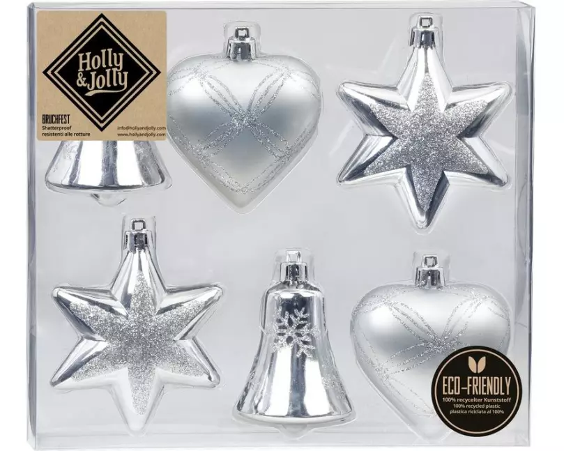 Holly & Jolly Weihnachtskugel Winter Silver verschiedene Formen, 6 Stück