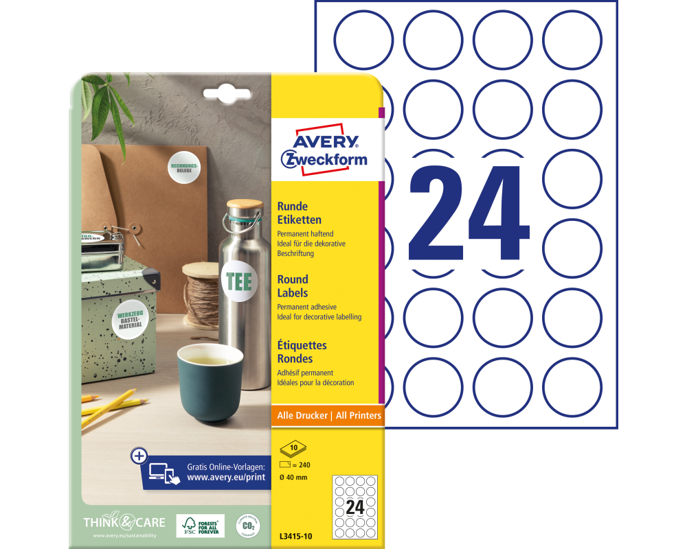 AVERY ZWECKFORM Universal-Etiketten 40mm L3415-10 L3415-10 weiss 240 St./10 Bl.