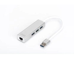 Digitus USB 3.0 3-Port Hub & Gigabit LAN Adapter. Host interface: USB 3.2 Gen 1 (3.1 Gen 1) Type-A. Networking standards: IEEE 802.3, IEEE 802.3ab, IEEE 802.3u. Product colour: Silver, White, Hub interfaces: USB 3.2 Gen 1 (3.1 Gen 1) Type-A, Housing material: Aluminium. Width: 95 mm, Depth: 27.2 mm, Height: 16 mm. Package width: 150 mm, Package depth: 210 mm, Package height: 27 mm