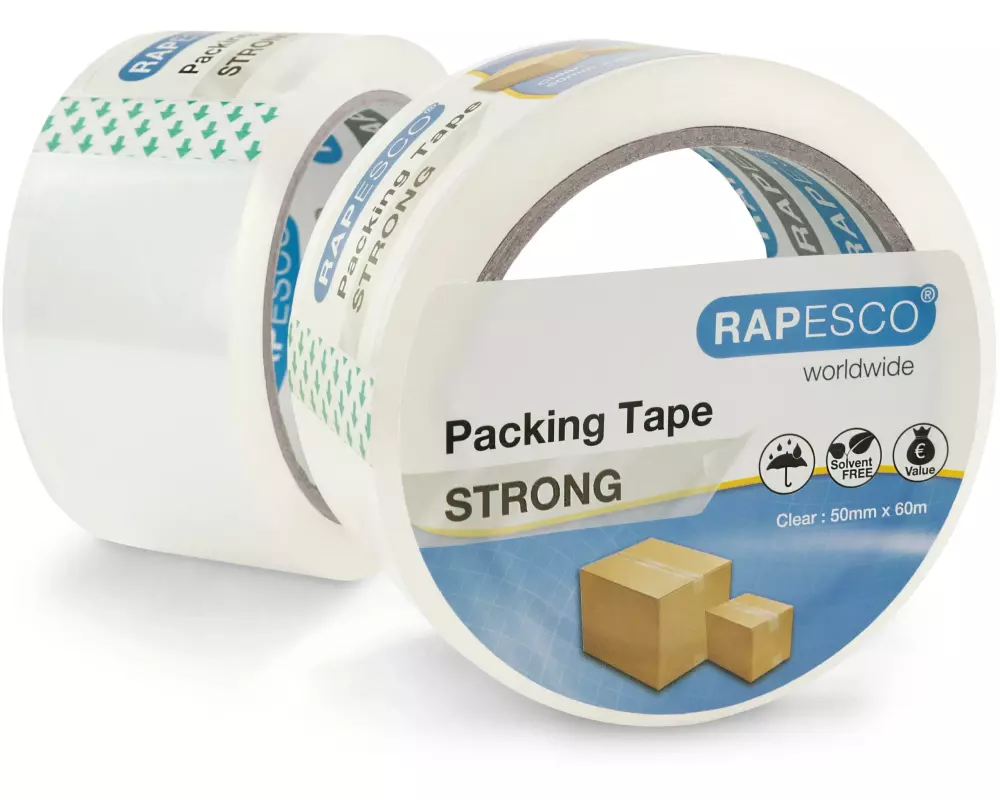 Rapesco starkes Packband 50 mm x 60 m, Transparent, 2 Stück