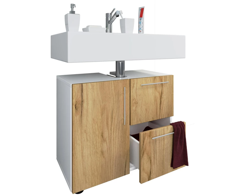 VCM Waschbeckenunterschrank Flandu 61 x 51 cm, Weiss/Honig-Eiche