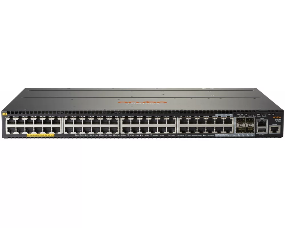 HPE Aruba 2930M Switch, 48G, 1 Slot, PoE+, Layer 3, 10 Chassis Backplane Stacking, Static, RIP, Access OSPF Routing, ACLs, w/o PSU
