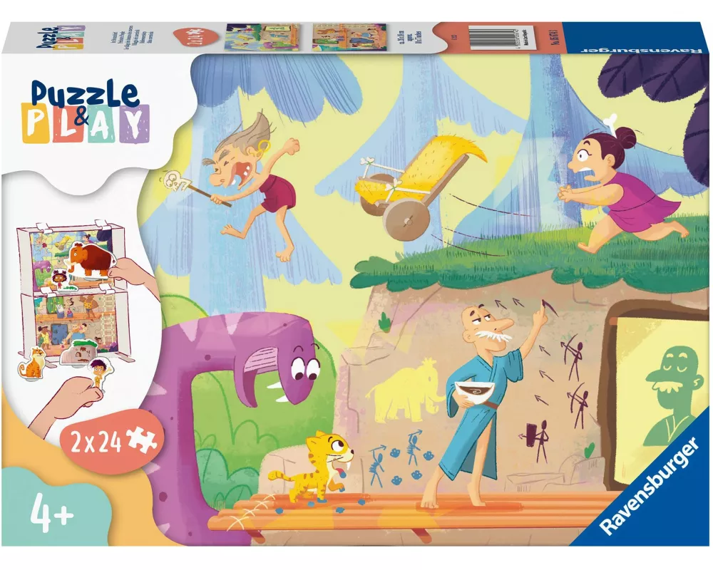 Ravensburger Kinderpuzzle Puzzle&Play 05674 - Im Steinzeitdorf - 2x24 Teile Puzzle für Kinder ab 4 Jahren