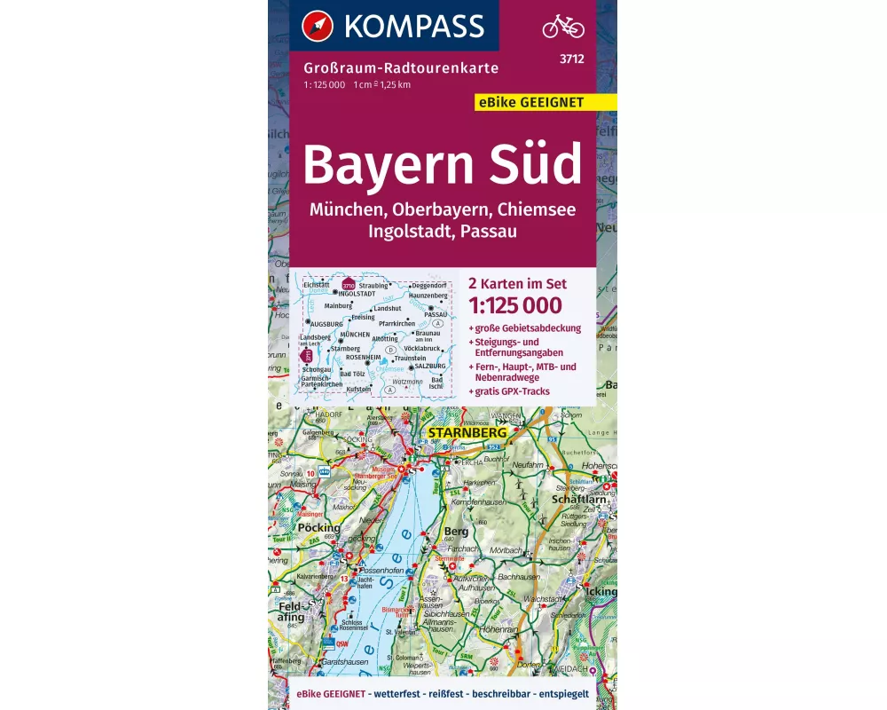 KOMPASS Großraum-Radtourenkarte 3712 Bayern Süd, Oberbayern, Chiemsee, Ingolstadt, Passau, München, 1:125.000