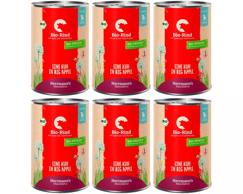 Herrmann's Nassfutter Bio Rind mit Apfel und Haferflocken 6 x 400 g