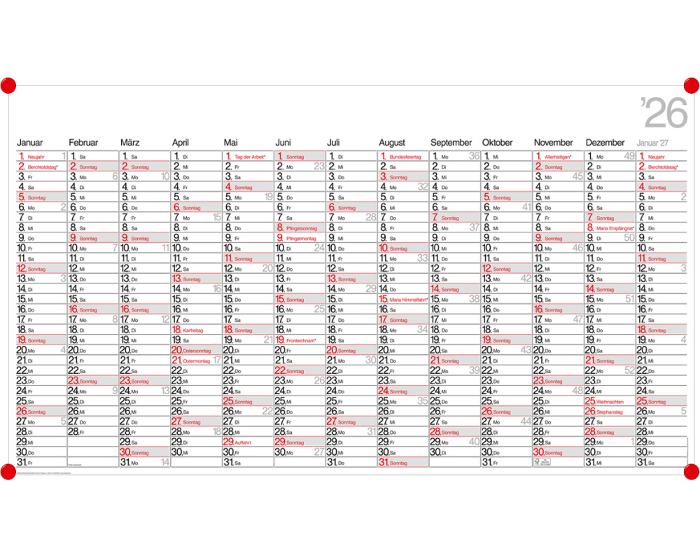 BÜHNER Jahresplaner DE 2026 PO13-CH-R-FS 13M 139x79cm