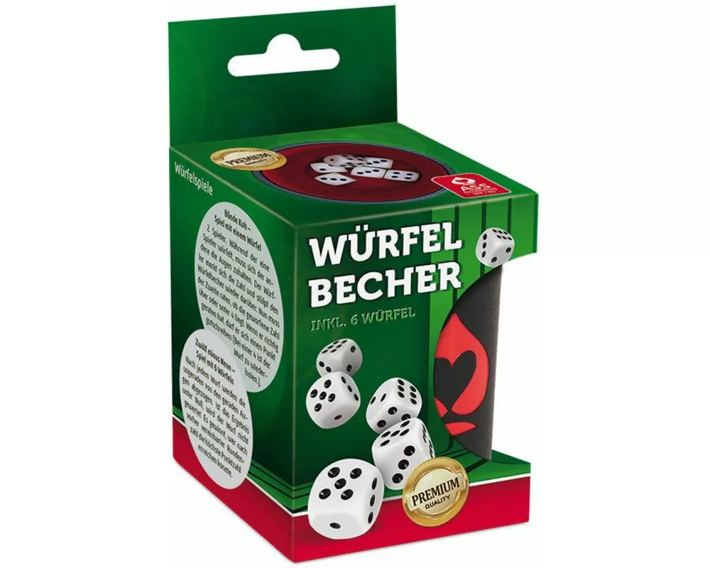 Premium Würfelbecher + 6 Würfel, Aufh.-FS, VE 6