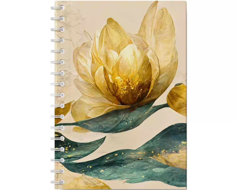 Eleganz der Natur - Premium Spiral-Notizbuch A5 Soft-Touch liniert, verzaubert durch goldenen Blütencharme