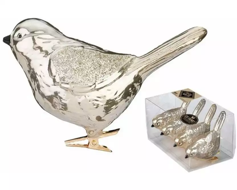 Holly & Jolly Weihnachtskugel Vogel Vogel Creamy Gold 4 Stück, 8 cm