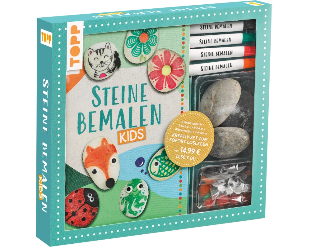 Kreativ-Set: Steine bemalen Kids mit Wackelaugen, Pompons, Anleitungsbuch & Material