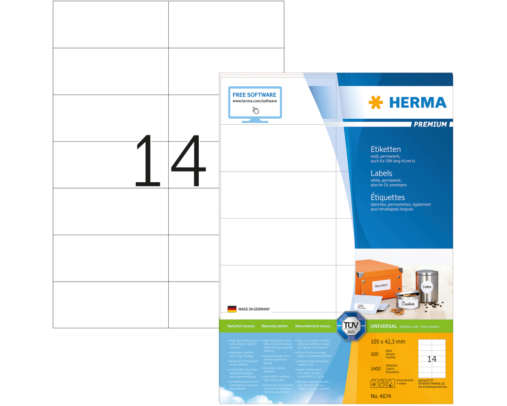 HERMA Universal-Etiketten 105x42,3mm 4674 weiss 1400 St./100 Blatt