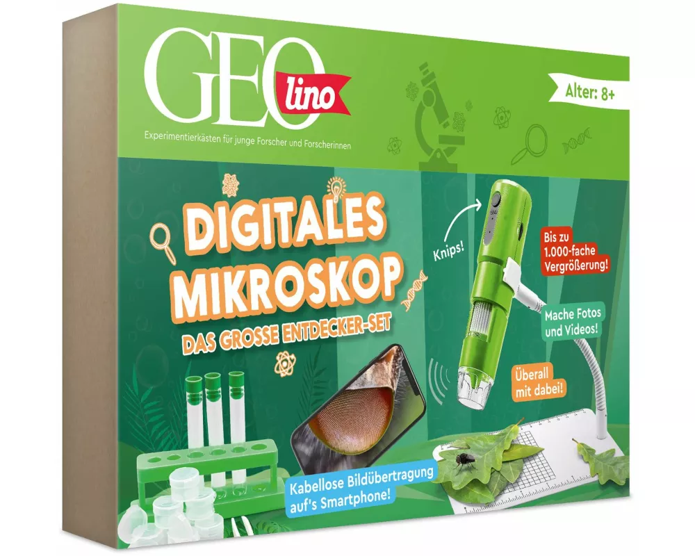 FRANZIS 67184 - GEOLINO Digitales Mikroskop, das große Entdecker-Set mit Experimentierideen für drinnen und draußen für Kinder ab 8 Jahren, inkl. 96-s