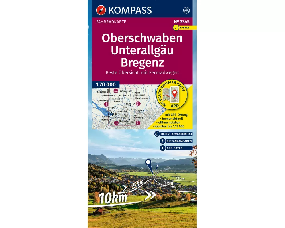 KOMPASS Fahrradkarte 3345 Oberschwaben, Unterallgäu, Bregenz 1:70.000