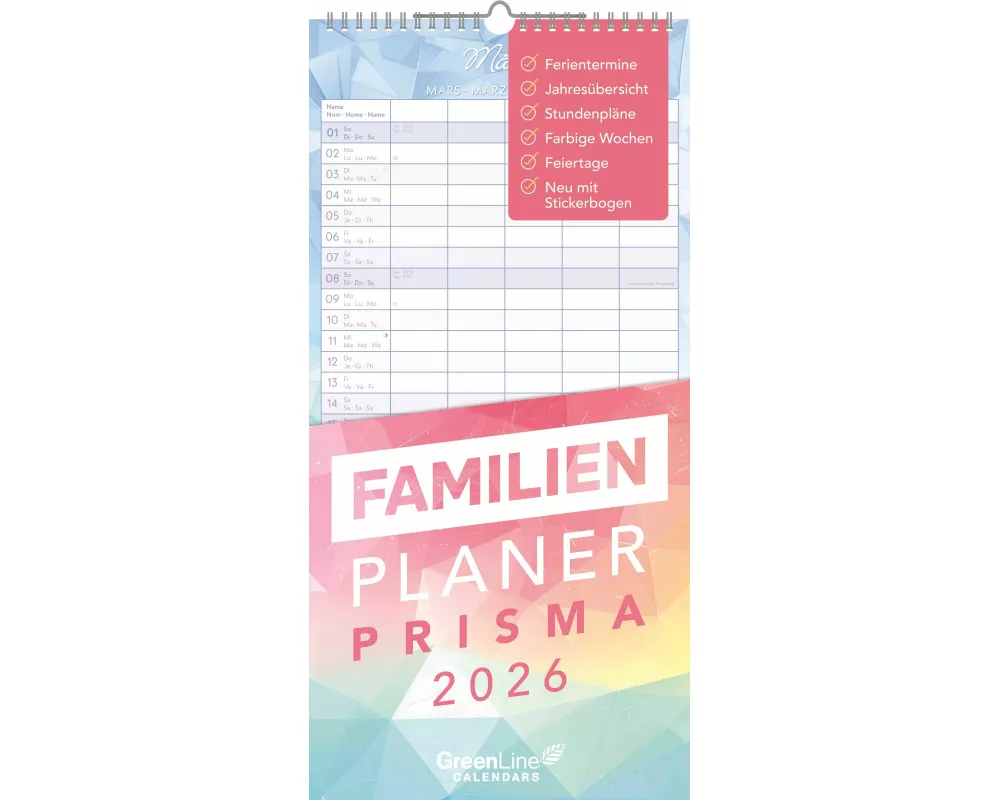 Greenline - Familienplaner Prisma 2026 – Wandkalender 22x45 cm mit 5 Spalten, Stickerbogen, Ferienübersicht & 4-sprachigem Kalendarium für Familienorg