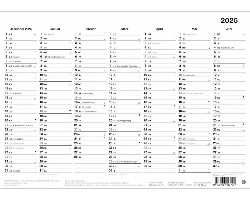 Black&White Tafelkalender A4 2026