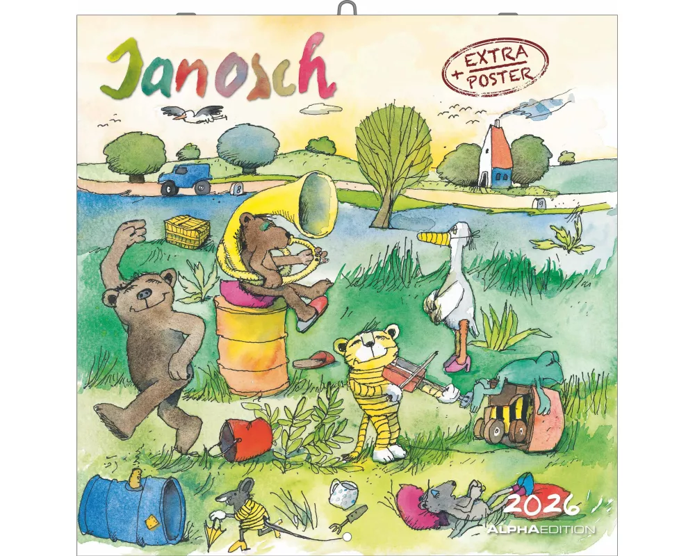 Alpha Edition - Janosch Kalender 2026 – Wandkalender 30×30 cm (30×60 geöffnet) mit Illustrationen & Platz für Notizen, Broschürenkalender inkl. Poster