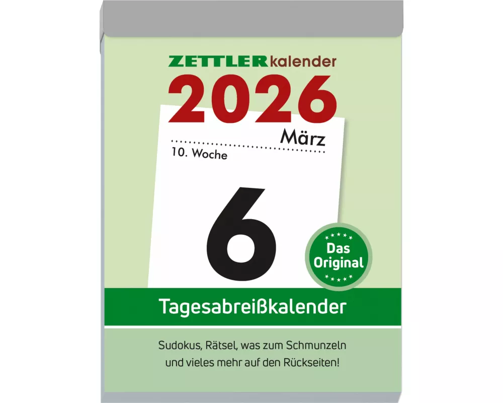 Zettler Tagesabreißkalender XL 2026 – Abreißkalender 8 × 11 cm, 1 Tag pro Seite mit Sudoku, Rezepten, Rätseln & Tipps auf den Rückseiten, FSC-zertifiz