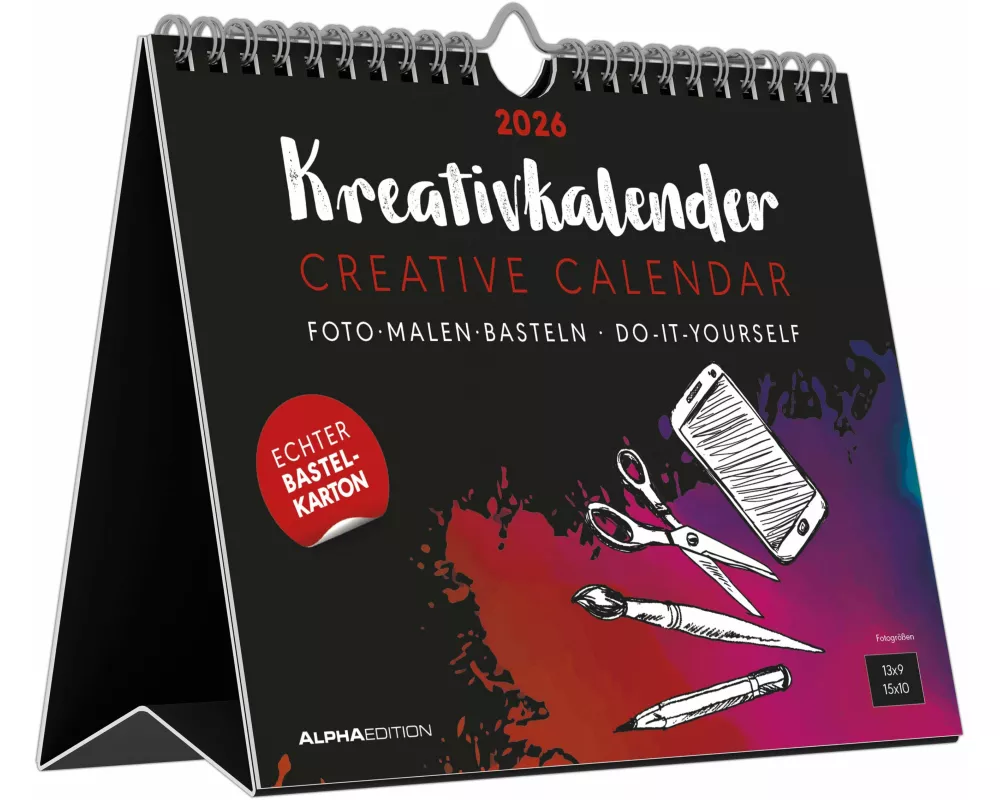 Alpha Edition - Kreativ-Kalender Tischaufsteller Quer Schwarz 2026 – Bastelkalender 20×16 cm mit weißer Schrift, zum Aufstellen & Aufhängen, ideal für