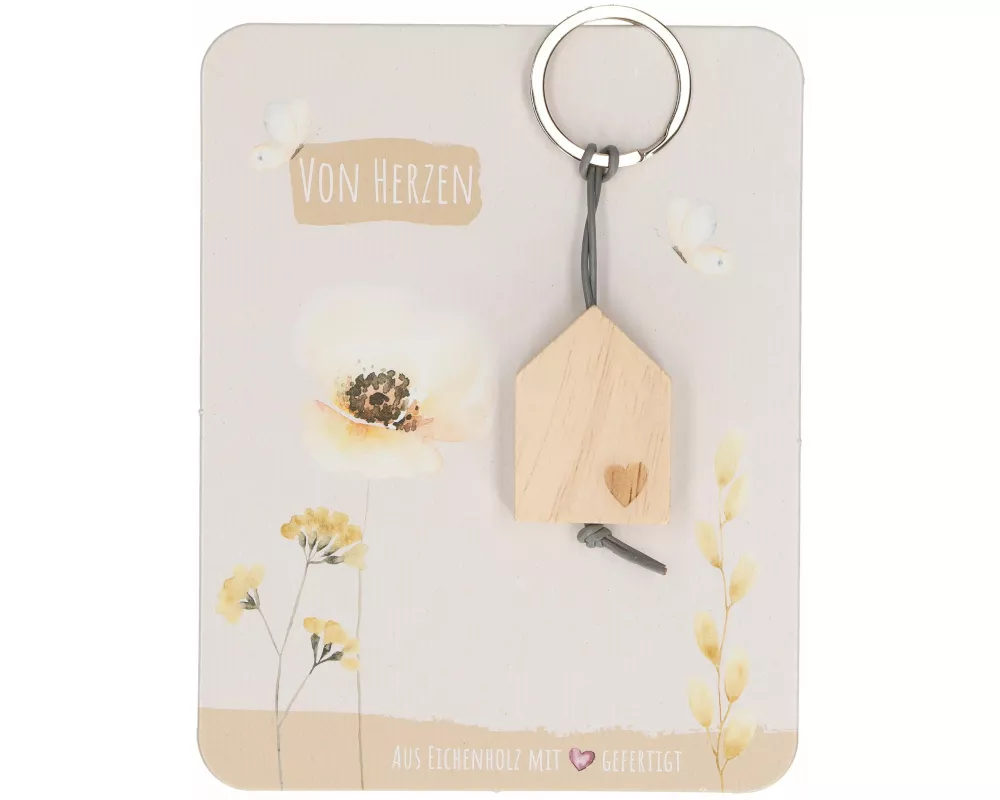Butzon & Bercker Holz-Schlüsselanhänger Von Herzen 10,5 x 3 cm – aus unbehandeltem Eichenholz mit Herz-Lasergravur, graues Lederband, Lieferung auf Ba
