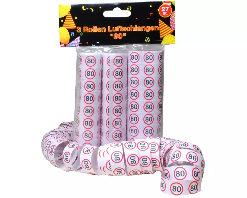 Trendcompany Luftschlangen 80. Geburtstag 3 Rollen, 27 Stück