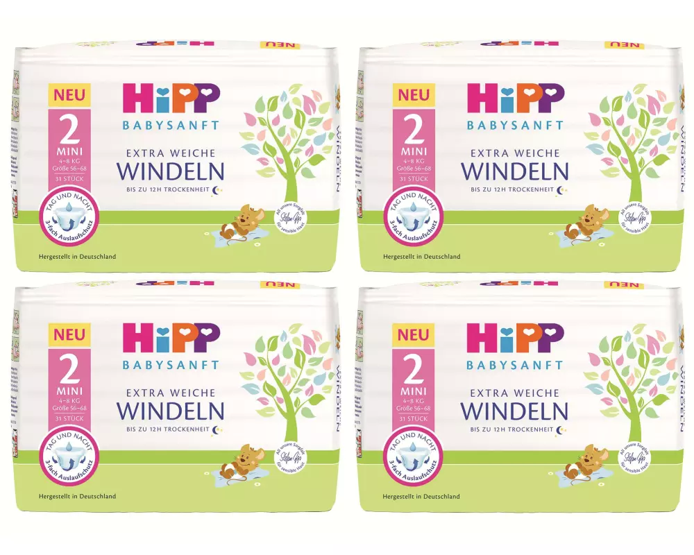 HIPP Windeln Babysanft Mini Grösse 2, 4x 31 Stk.