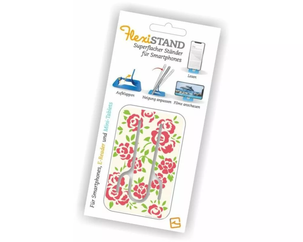 Flexistand (Roses - weiß-pink) - flexibler Handyaufsteller - für alle Handys und Mini-Tablets - superflach - stufenlos verstellbar - hochkant und quer