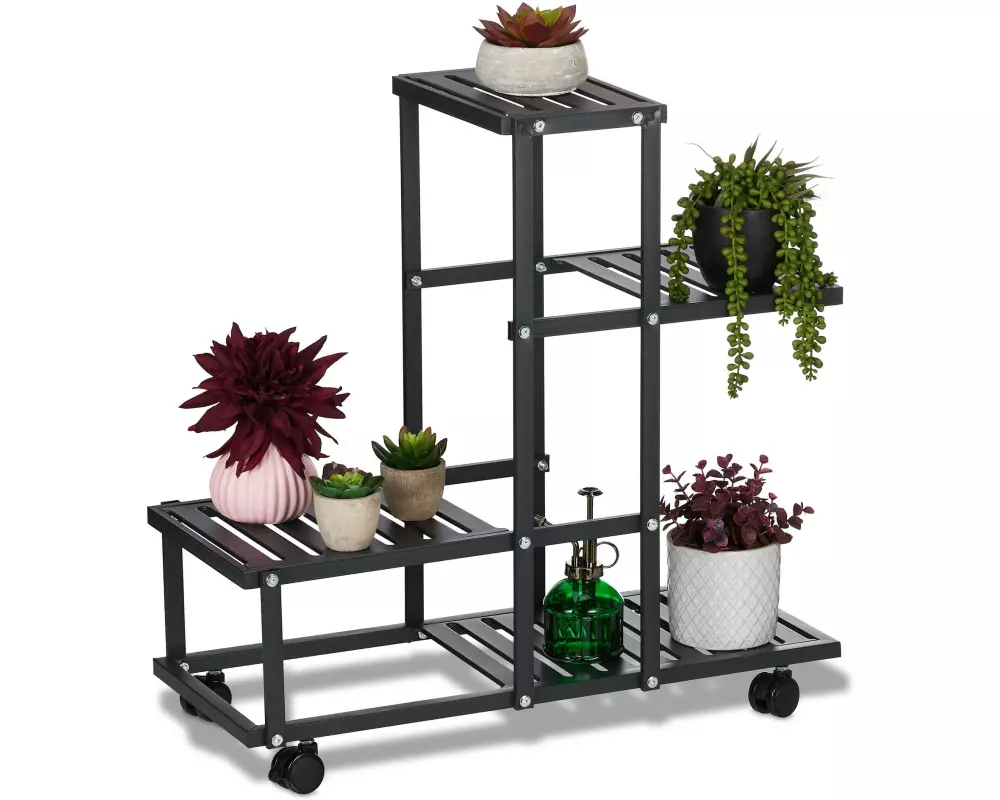 relaxdays Pflanzenständer mit Rollen 60.5 cm, Schwarz