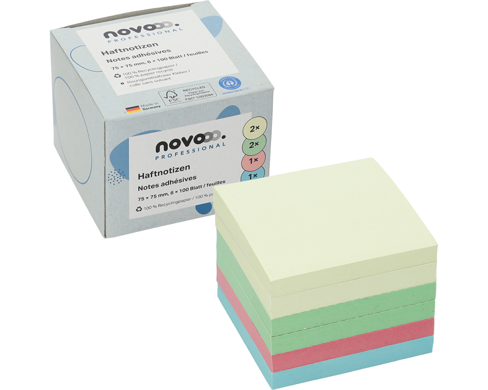 NOVOOO Haftnotizen Recycling 75x75mm 5654-88box assortiert 6x100 Blatt