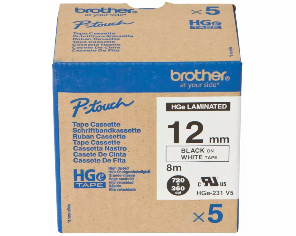 BROTHER HGE231V5 5x Ribbon 12mmx8m white black laminated for P-touch P500PC 9700PC 9800PCN RL700S