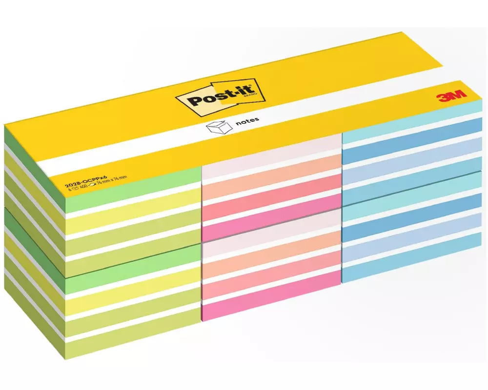 Post-it Notizzettel 3M, 76 x 76 mm, 6 Blöcke, verschiedene Farben