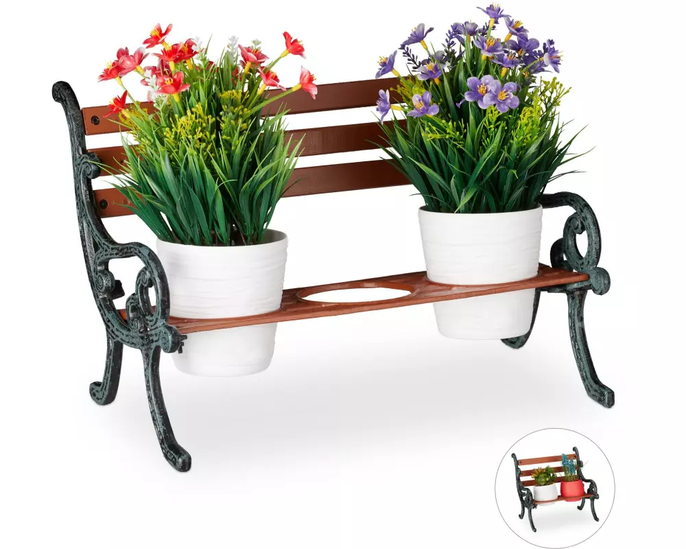 relaxdays Blumenbank Mini, Gusseisen, Holz, 3 Blumentöpfe