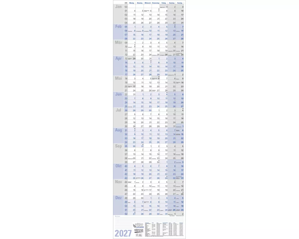 Wandplaner hoch Recyclingpapier Edition Natur 2027