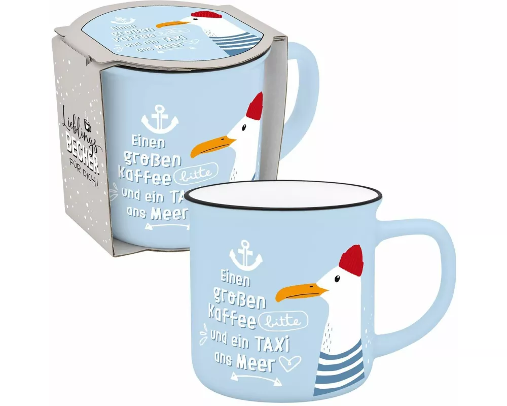 Becher in Emmailoptik "Einen großen Kaffee bitte und ein Taxi zum Meer"