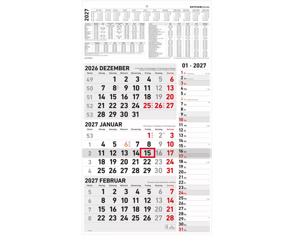 3-Monatskalender Kombi 2027
