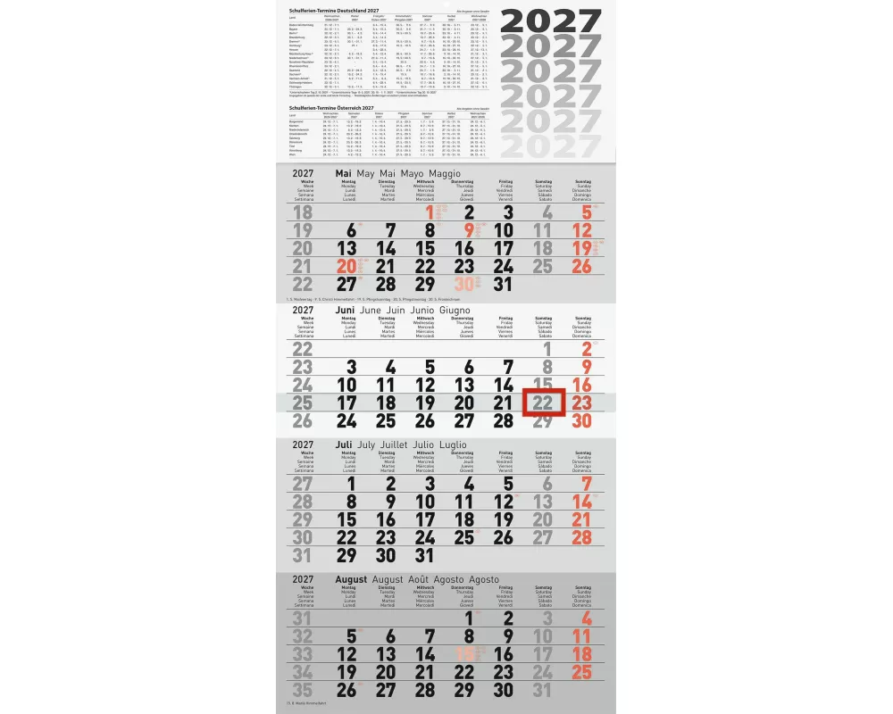 rido/idé 7033420007 4-Monatskalender 2027 grau, 300×630 mm