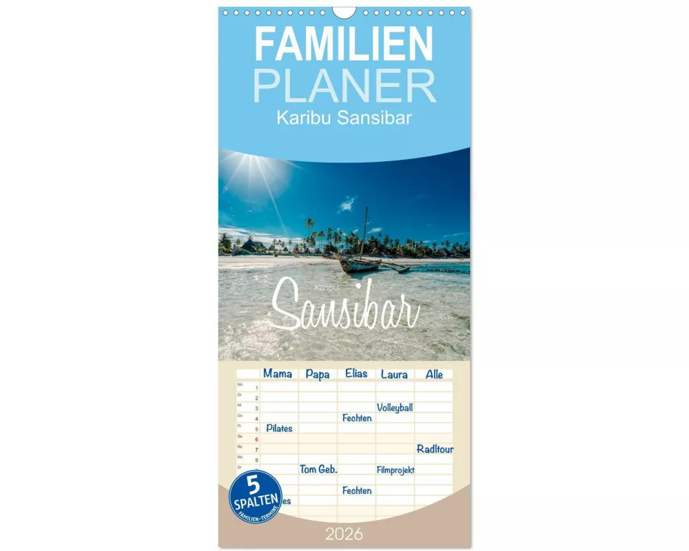 Familienplaner 2026 - Karibu Sansibar mit 5 Spalten (Wandkalender, 21 x 45 cm) CALVENDO