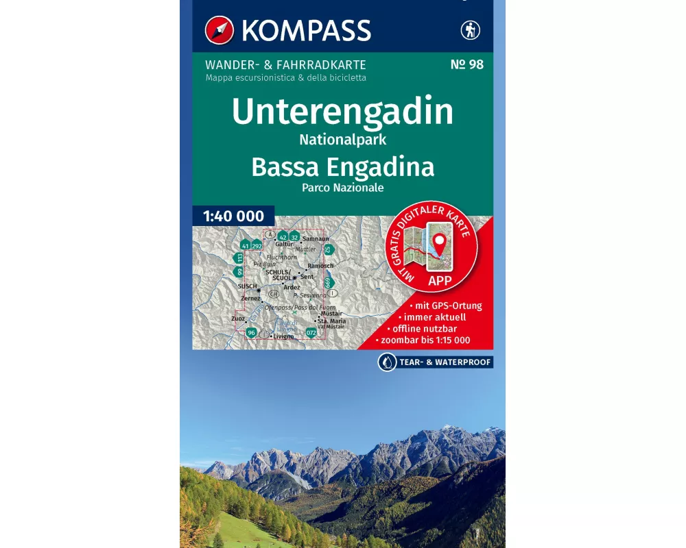 KOMPASS Wanderkarte 98 Unterengadin, Nationalpark / Bassa Engadina, Parco Nazionale 1:40.000
