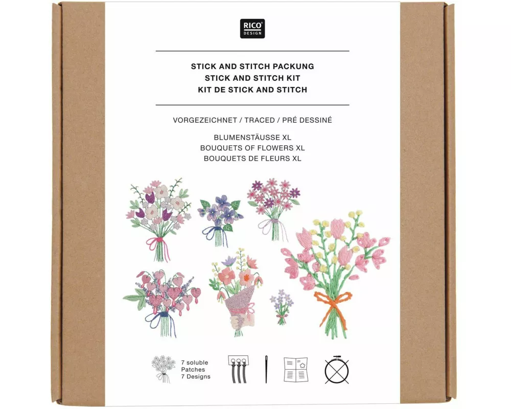 Stick & Stitch Packung, Blumenstäuße XL // 7 Stk., 7 Designs // Wasserlösliche Stickvorlage, Stickgarn, Sticknadel und Anleitung