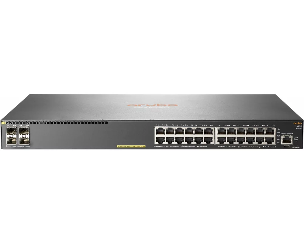 HPE Aruba 2930F Switch, 24G, 4 SFP Ports, PoE+, Layer 3, VSF Stacking, RIP Routing, Access OSPF, ACLs, QoS