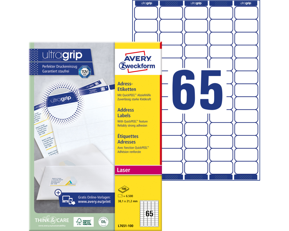 AVERY ZWECKFORM Adressetiketten 38,1x21,2mm L7651-100 weiss 6500 Stk./100 Blatt