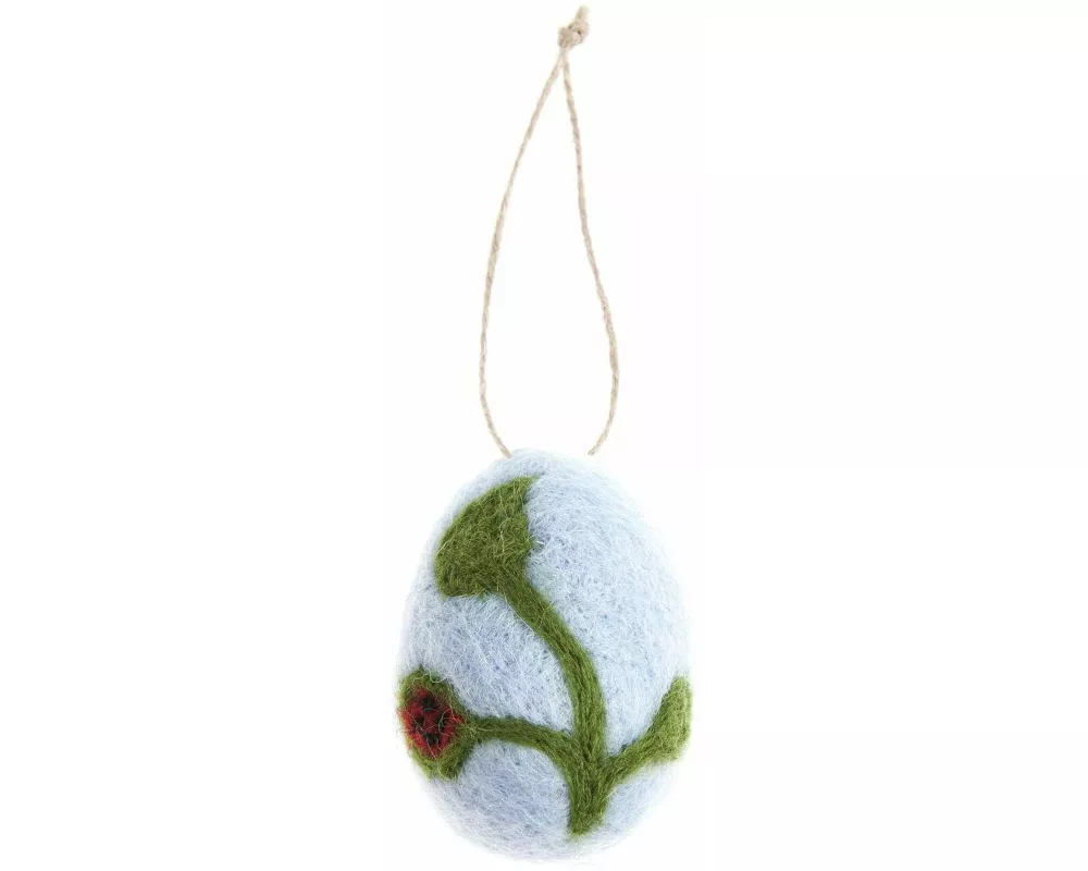 Aufhänger Filz-Ei Marienkäfer auf Blatt, Blau, 6 x Ø 4,5cm