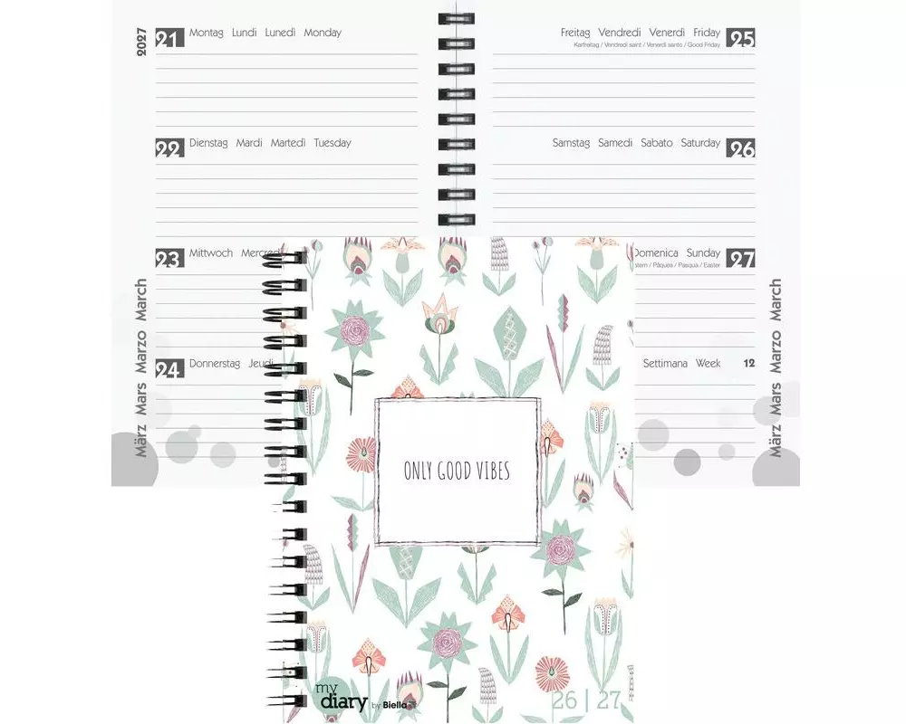 Biella Schulagenda mydiary Wire-O 2026/27 Flower, 12 x 16.5 cm