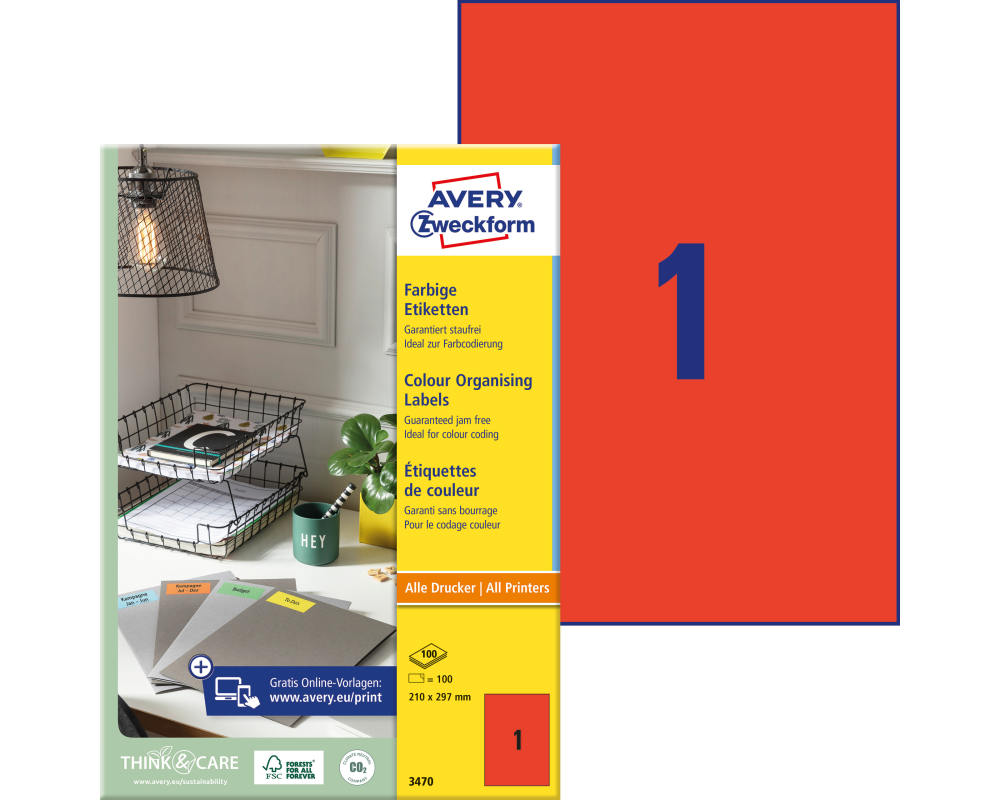 AVERY ZWECKFORM Etiketten A4 3470 rot 100 Stück