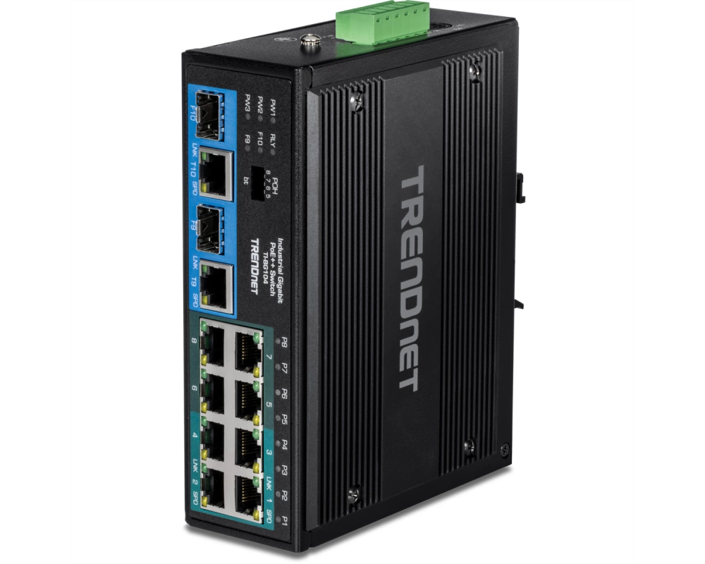 TRENDnet TI-BG104 10 Port Rail Switch, Industrial Gigabit PoE++ DIN-Rail