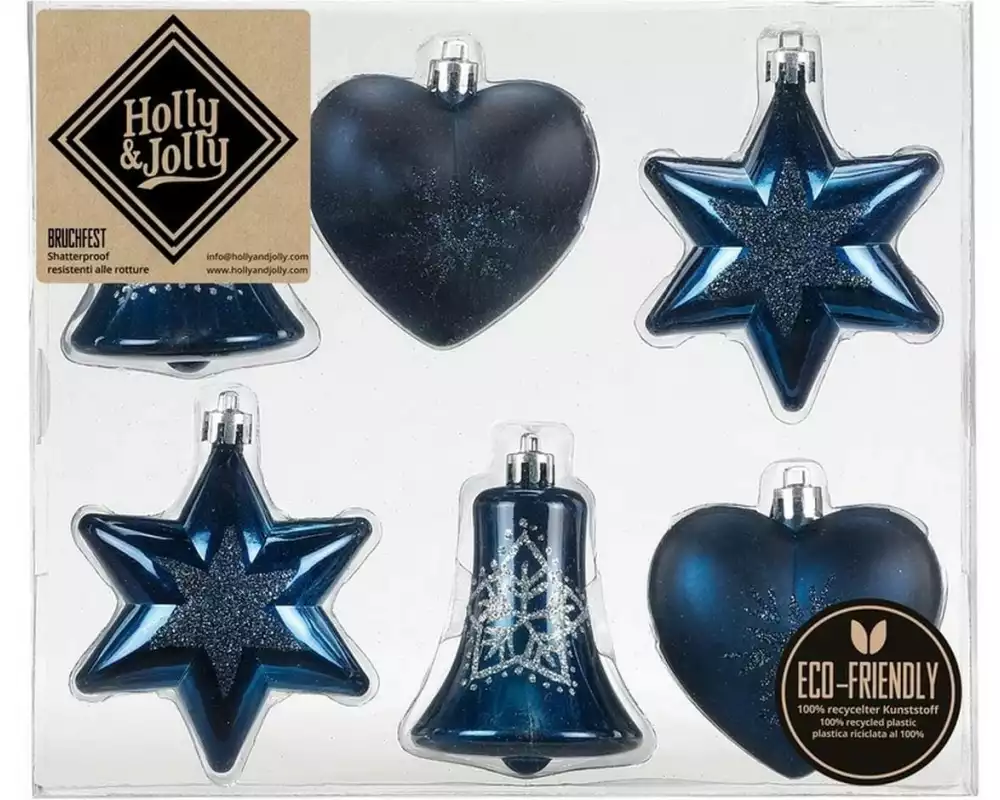 Holly & Jolly Weihnachtskugel Night Blue verschiedene Formen, 6 Stück