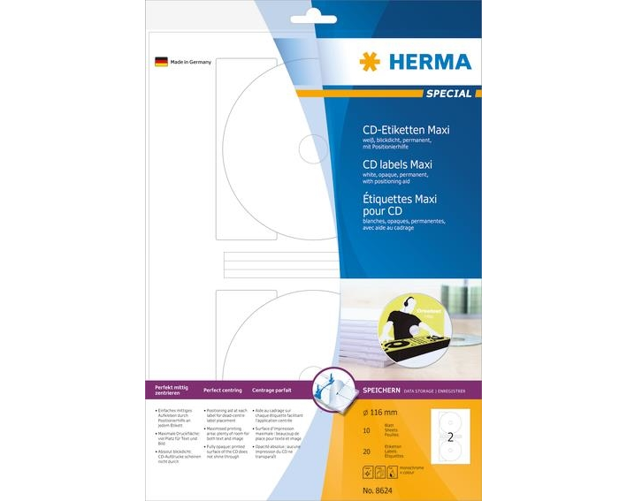 HERMA CD Etiketten weiss, Ø 116mm 8624 20 Stk. / 10 Blatt