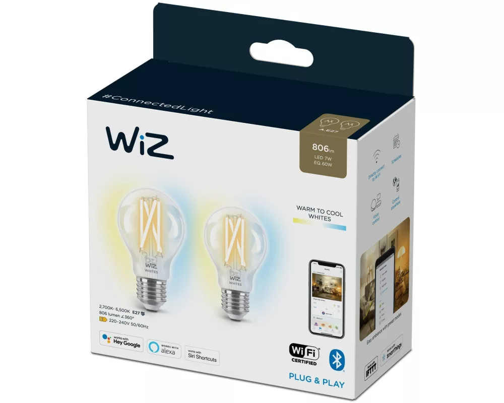 WiZ Leuchtmittel 7W (60W) E27 A60 Filament Clear Doppelpack