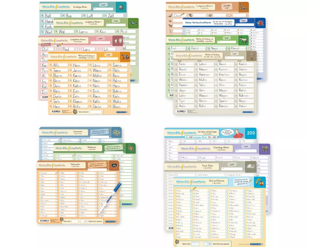 Meine Blitzlesekarten Set 1-4 zur Leseförderung (15 Lerntafeln mit Stift)
