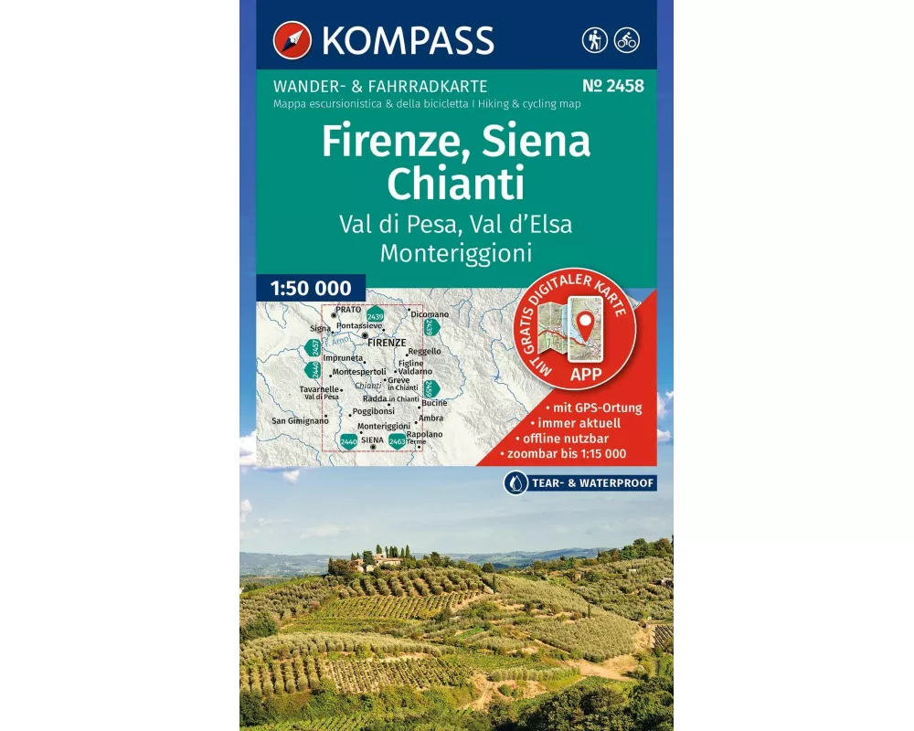 KOMPASS Wanderkarte 2458 Firenze, Siena, Chianti, Val di Pesa, Val d'Elsa, Monteriggioni 1:50.000