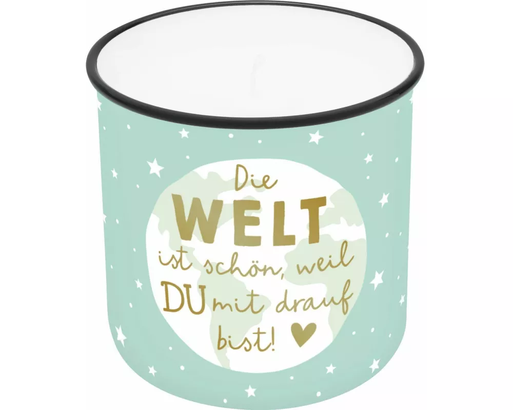 Lieblingskerze in Emailleoptik Motiv "Die Welt ist schön, weil ....."